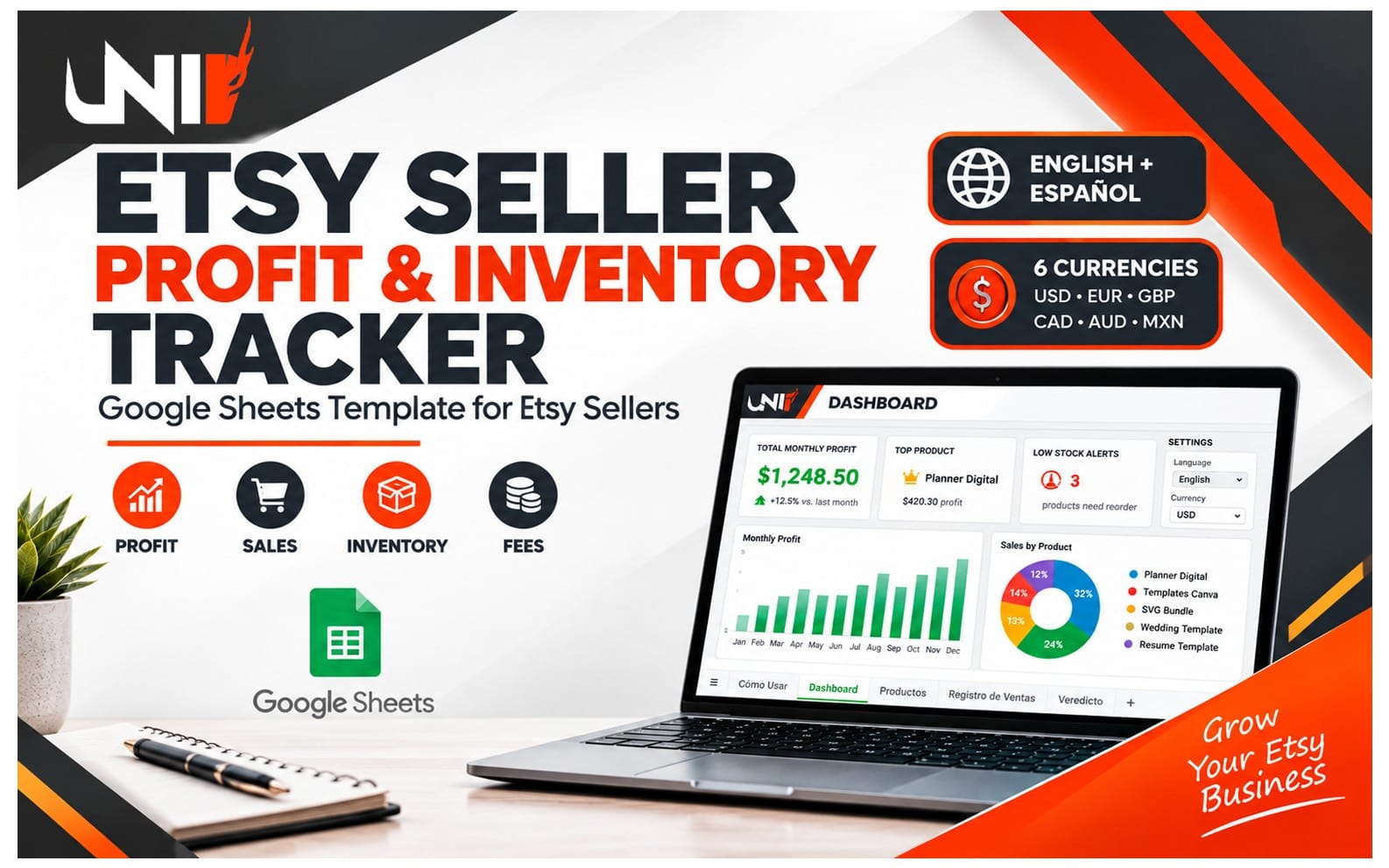 Promotional banner for Etsy seller profit and inventory tracker Google Sheets template with laptop dashboard preview