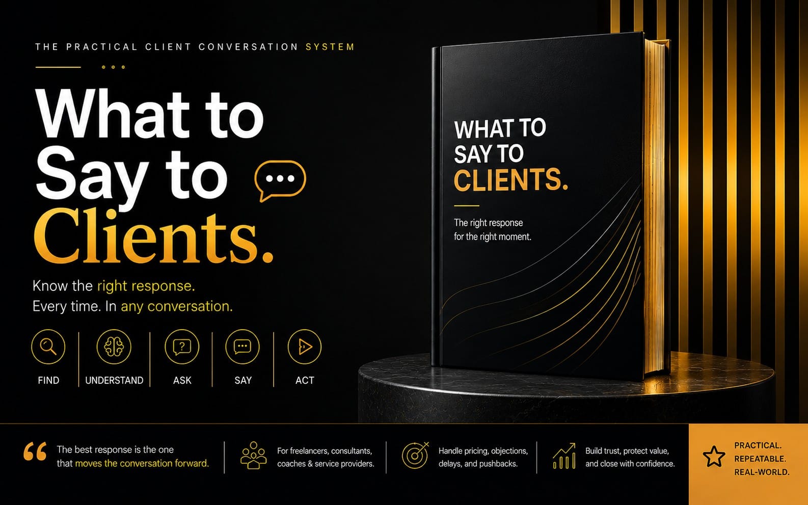 Black and gold book cover titled What to Say to Clients on a pedestal with text and icons for a client conversation