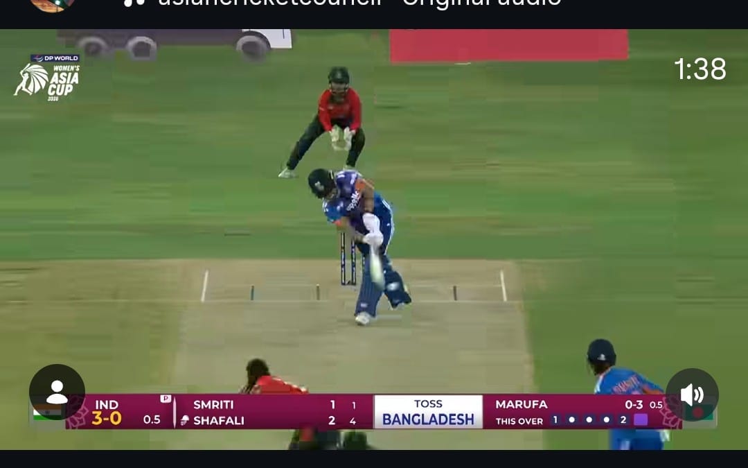 Cricket match gaming screen showing batsman and fielder on pitch with scoreboard overlay and timer