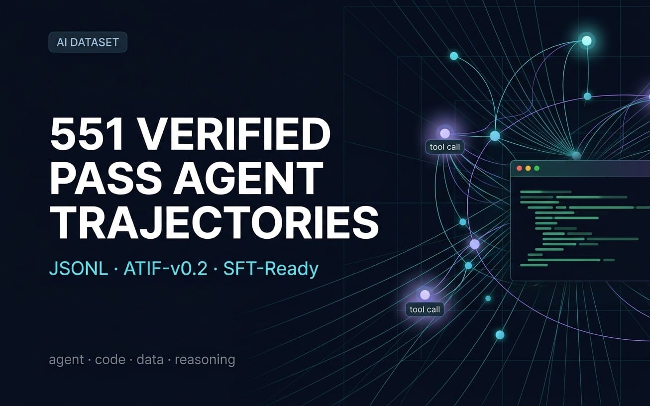 AI dataset cover showing “551 Verified PASS AGENT TRAJECTORIES” with neural network circuit graphics and code panels