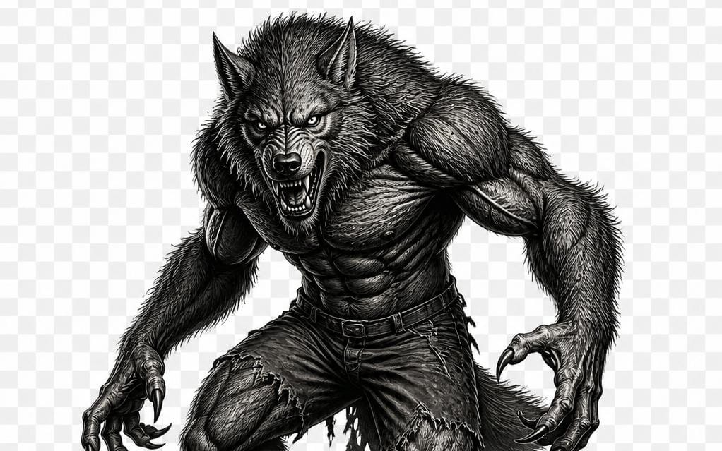 Black and white werewolf Halloween t-shirt graphic with snarling wolf snarled in front of transparent background
