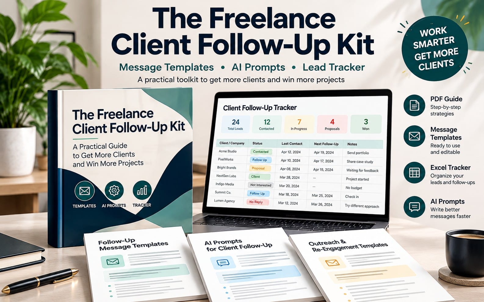 The Freelance Client Follow-Up Kit — PDF guide, editable message templates, AI prompts, and Excel lead tracker.