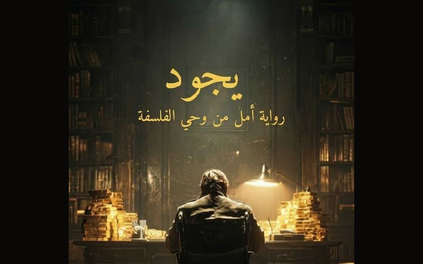 Arabic book cover design for a novel titled بروحك رواية أمل من وحي الفلسفة with a seated figure in a library