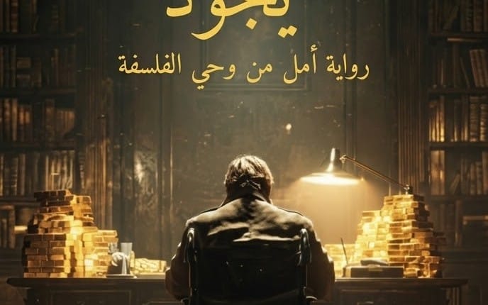 Back view of a man seated at a desk in a library with glowing lamp, cover for Arabic novel Yajood
