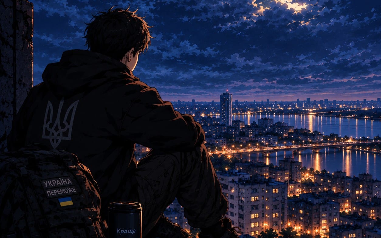 Anime-style digital art of a man in a hoodie overlooking a nighttime city with river lights under a cloudy sky
