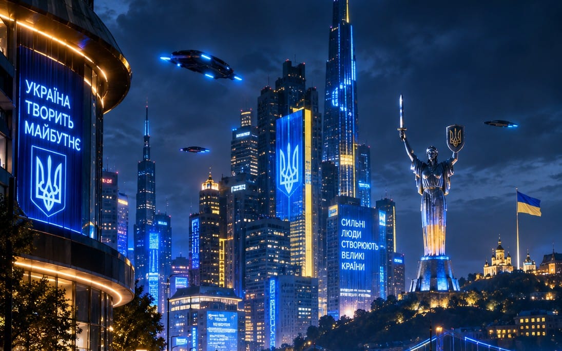 Ukrainian city skyline at night with neon billboards, blue drones, and glowing statue, digital poster design