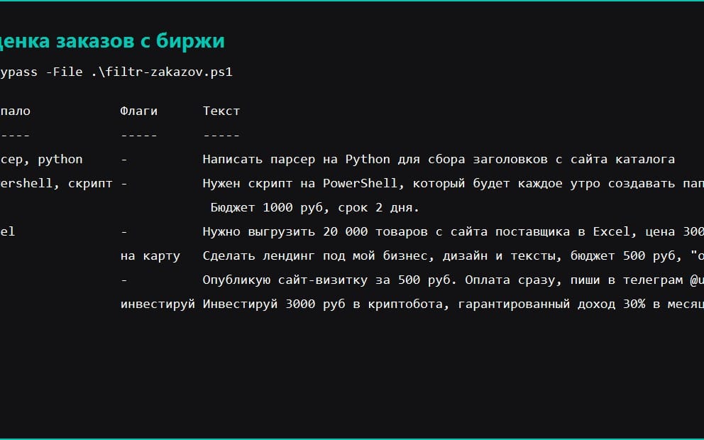 PowerShell script console output showing filtering and rating incoming freelance orders, with bypass command text