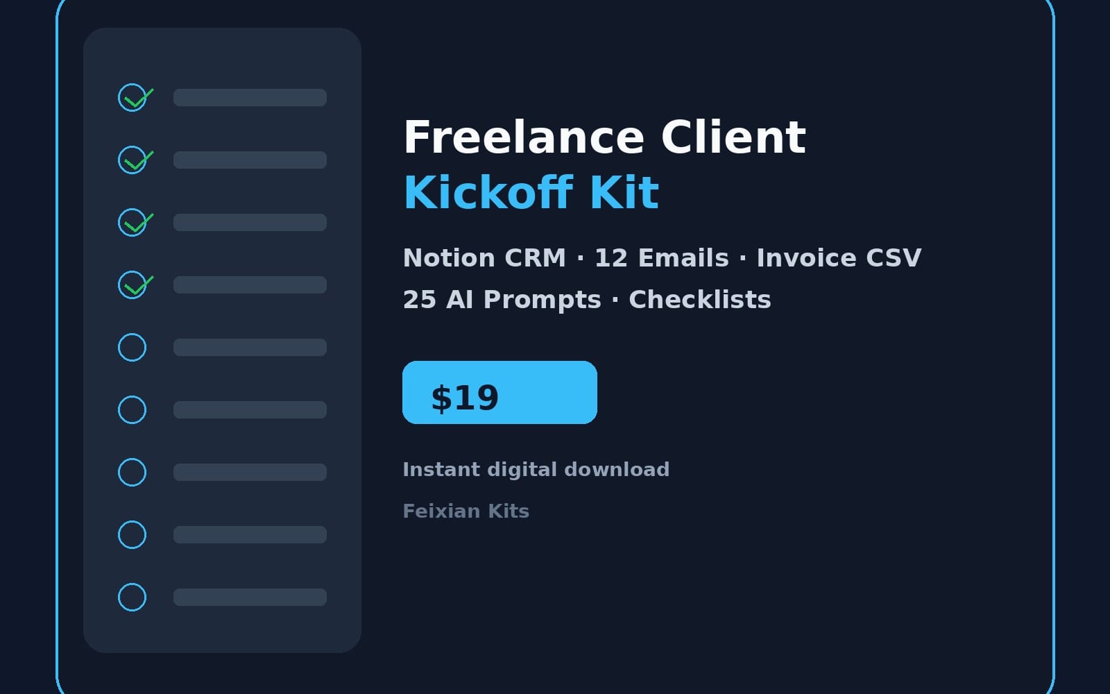 Freelance Client Kickoff Kit digital product landing page with checklist, pricing, and content highlights in a dark UI