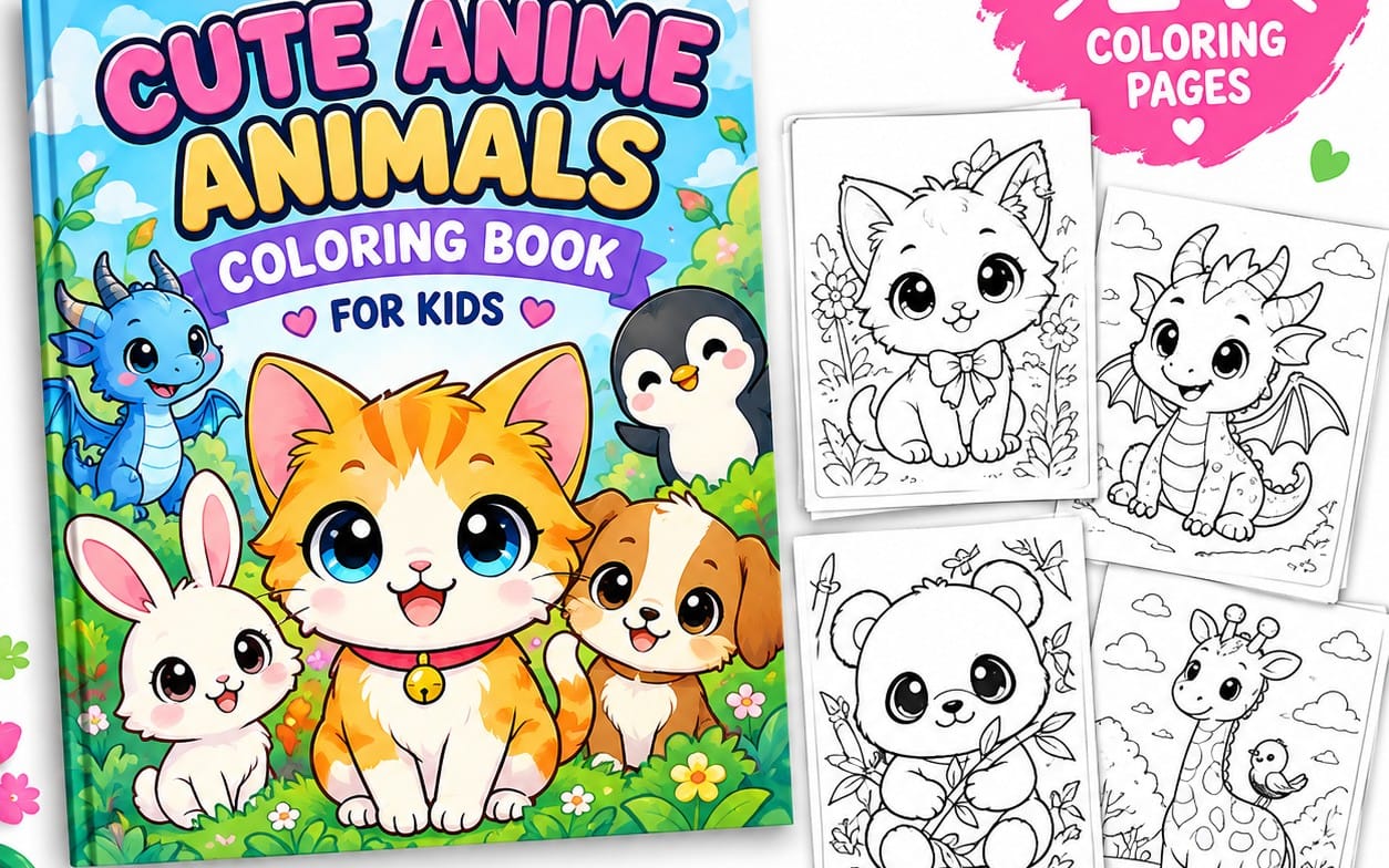 Cute anime animals coloring book for kids with illustrated cover and black-and-white line art pages shown