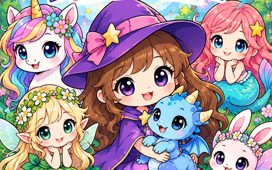 Kawaii fantasy friends coloring book cover with cute unicorn, mermaid, witch, and animal characters