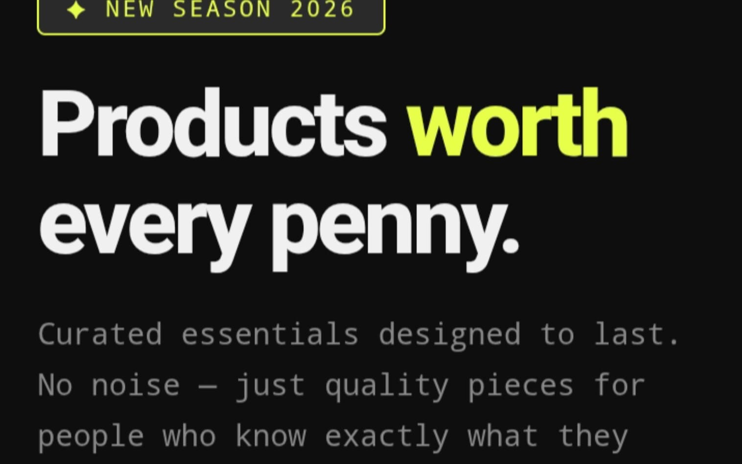 Black ecommerce landing page banner with bold Products worth every penny text and neon green accents