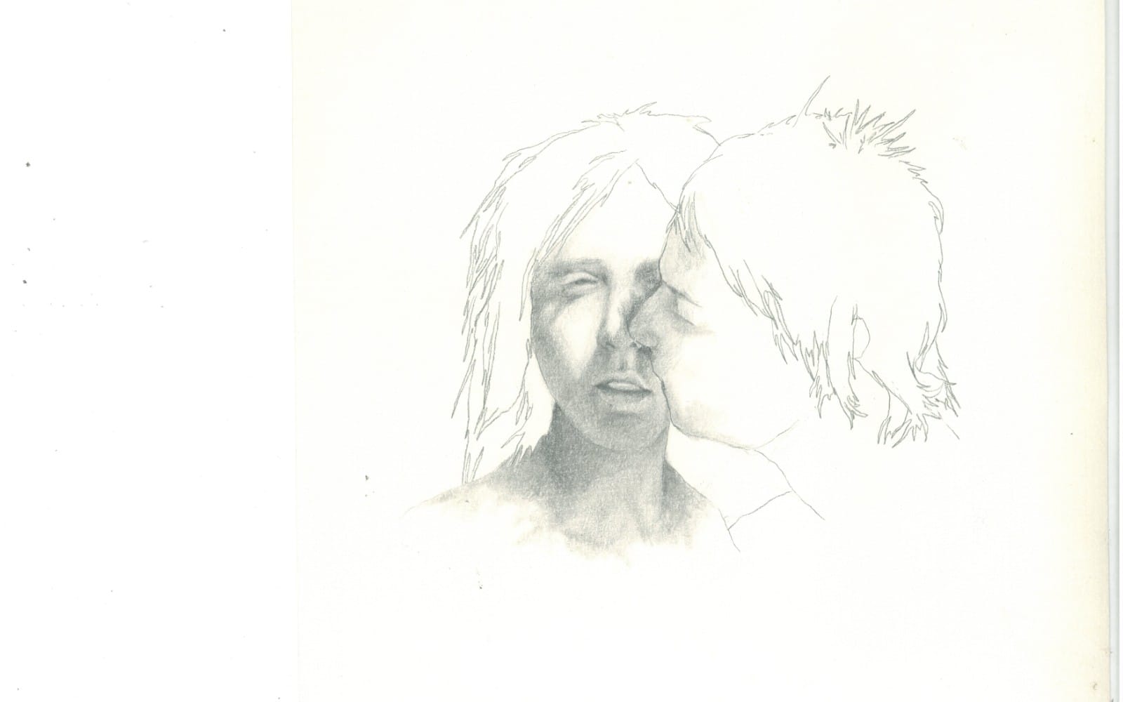 Surreal graphite sketch of two women with overlapping faces, minimalist monochrome illustration artwork