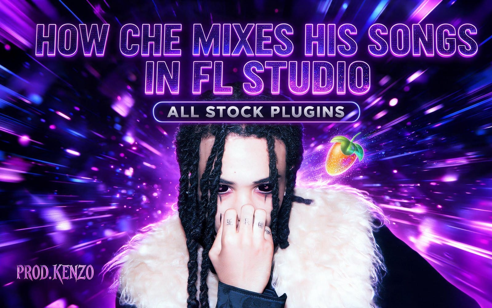 Promotional banner for a FREE CHE Vocal preset for FL Studio with neon text over a performer portrait and purple light