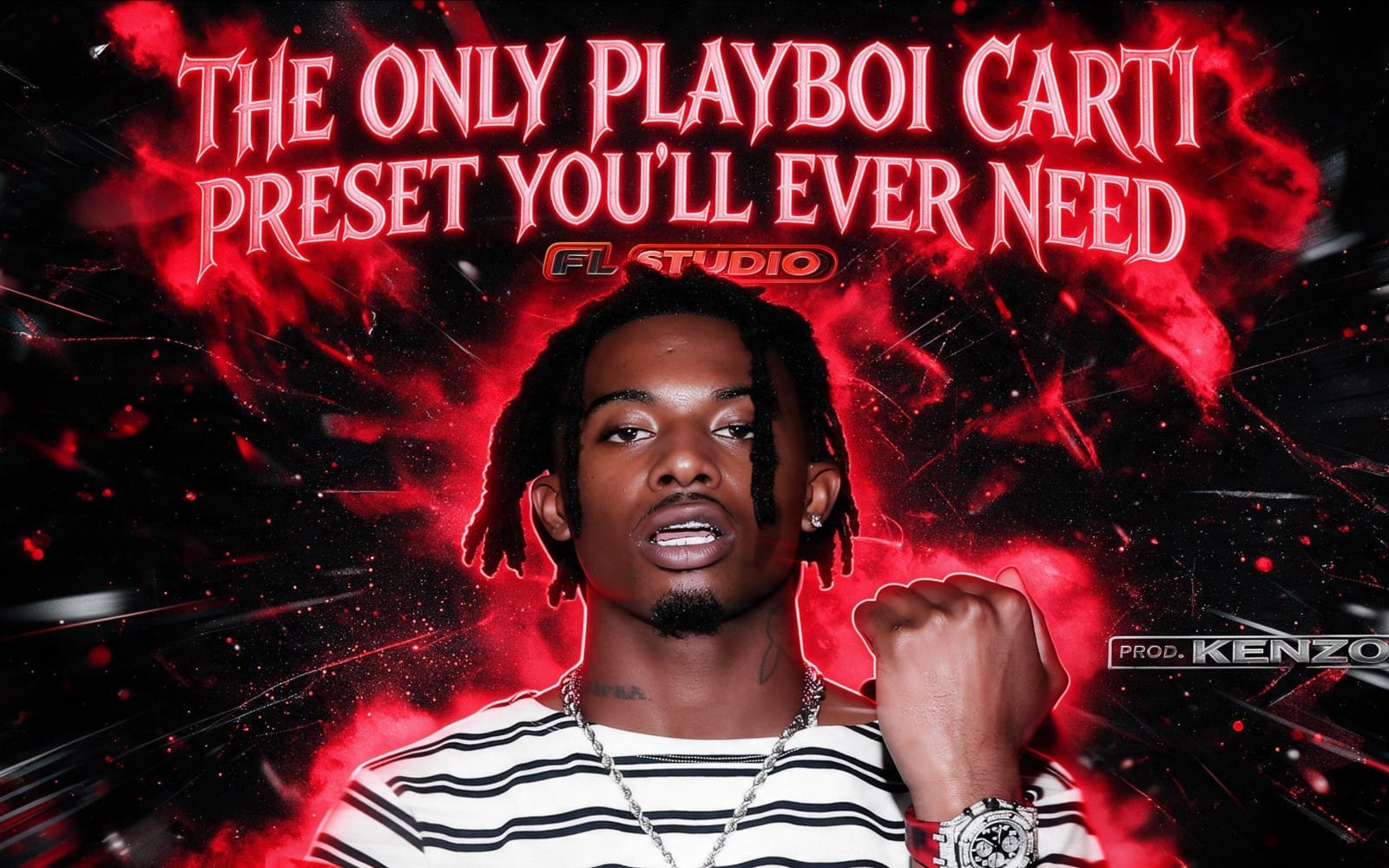 Rapper portrait on a red cosmic background with text for FL Studio vocal chain beat product cover