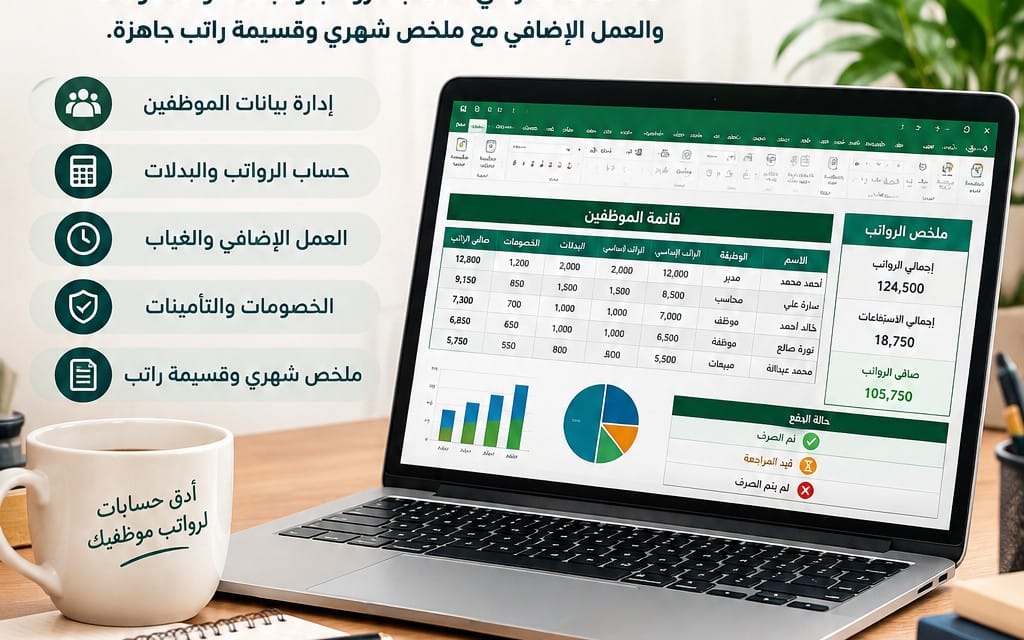 حاسبة رواتب ذكية بنظام Excel مع شاشة كمبيوتر تعرض جدول ومخططات رواتب على خلفية مكتب