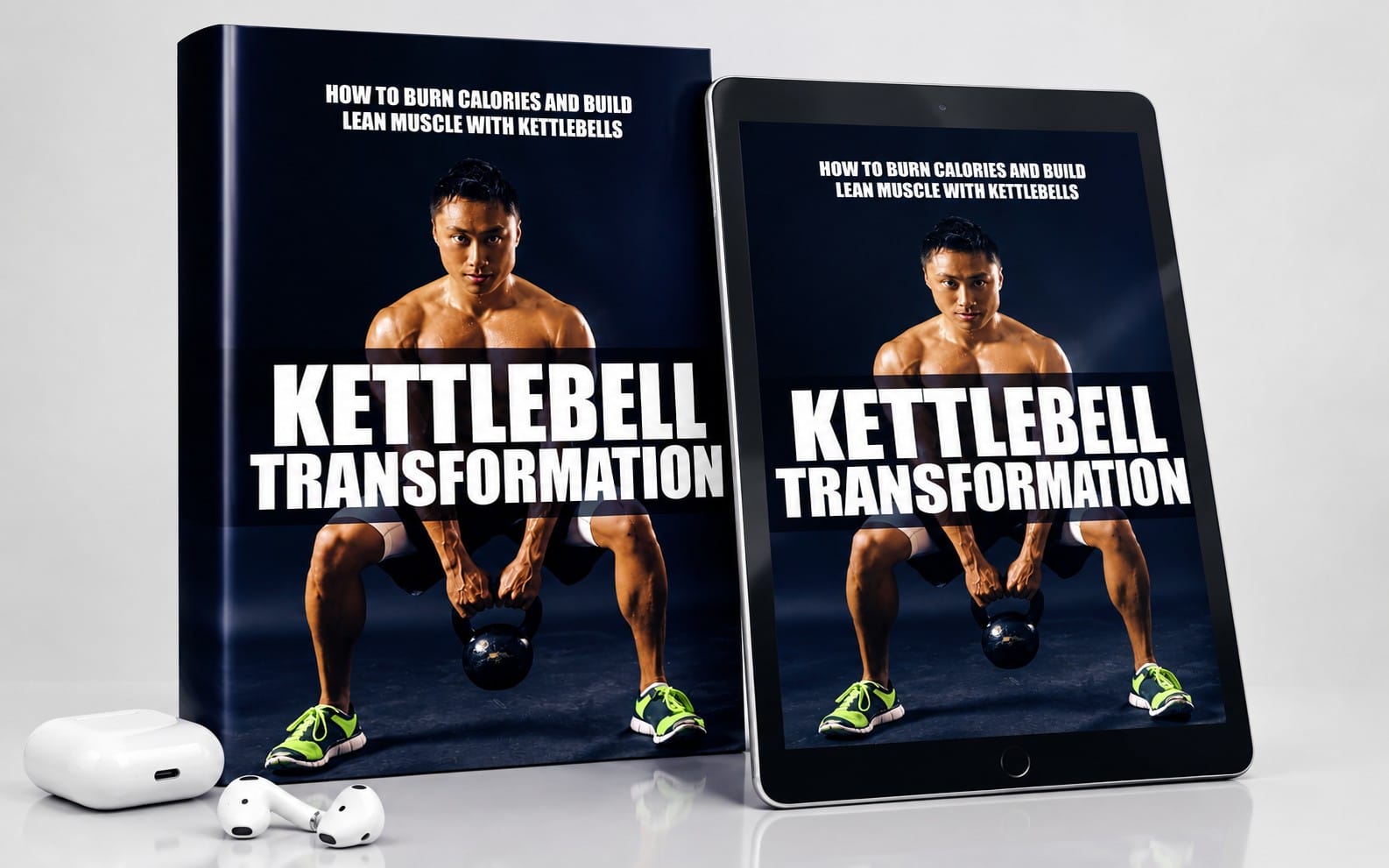 Kettlebell Transformation audiobook cover with tablet showing workout text, kettlebell and wireless earbuds on white