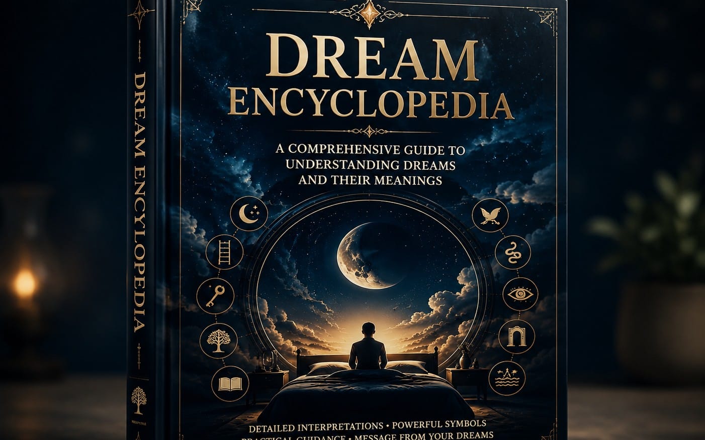 Dream Encyclopedia digital guide cover with dark starry sky, moon, clouds, and a person reading at night