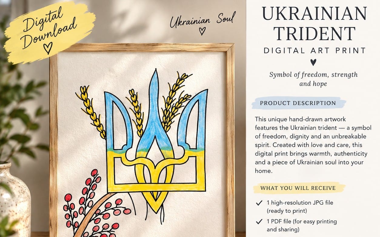 Hand-drawn Ukrainian trident digital art print with blue-yellow emblem and wheat detail, framed on beige background