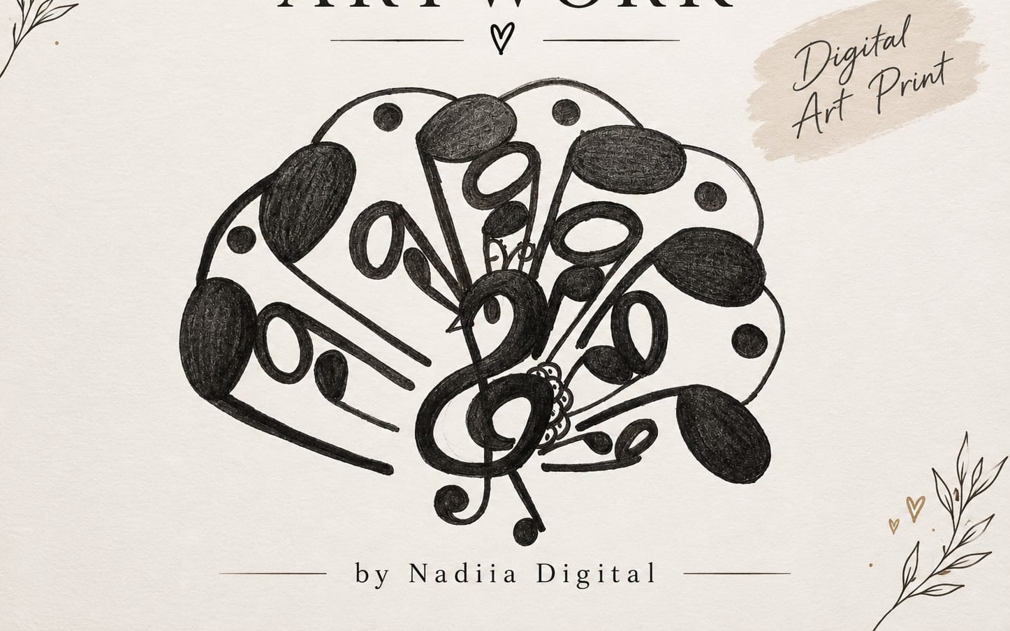 Handmade abstract floral music-themed digital art print with black ink heart motif on a cream background