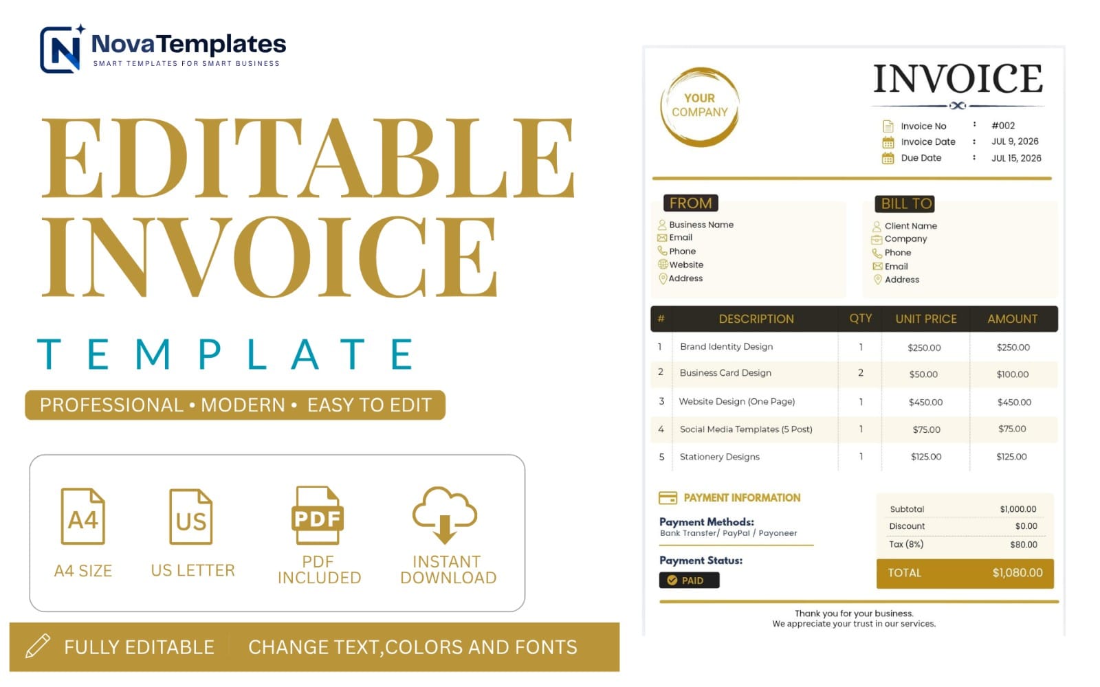 Gold Luxury Invoice Template | Editable Canva Invoice | A4 & US Letter | Printable Business Invoice | Instant Download
