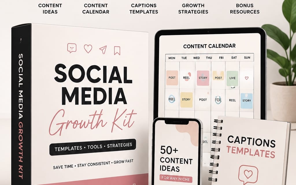 Social Media Growth Kit digital templates and content calendar shown on tablet and phone screens with notebook titles