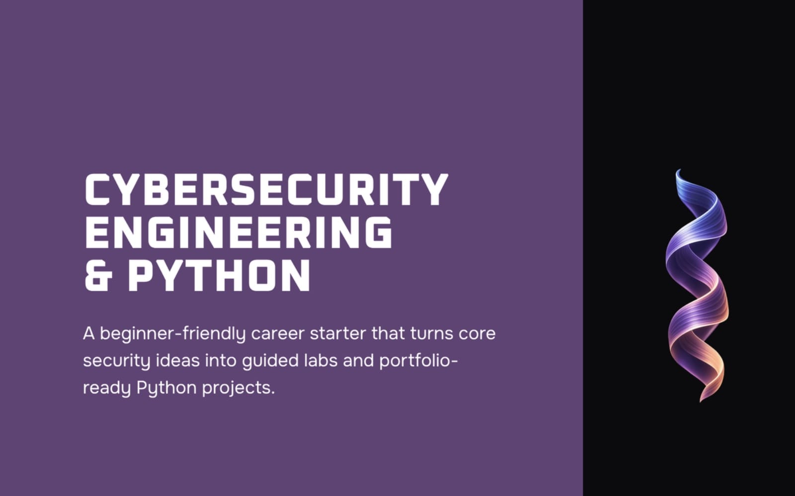 Cybersecurity Engineering & Python course cover with bold purple text and a blue-purple glowing code spiral graphic