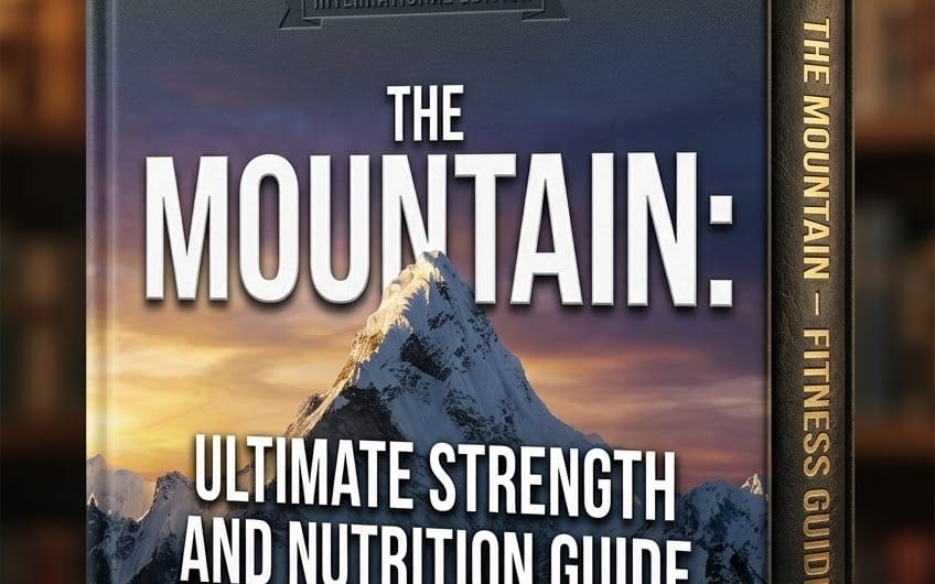 Fitness program ebook cover titled The Mountain, Ultimate Strength and Nutrition Guide with a mountain landscape