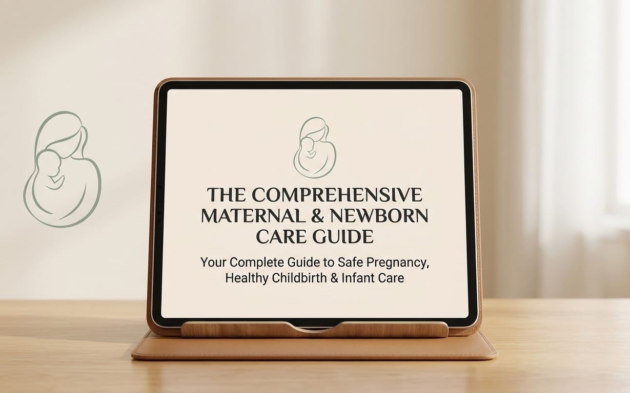 Tablet displaying a pregnancy and newborn care handbook cover with maternal and newborn guide text on screen