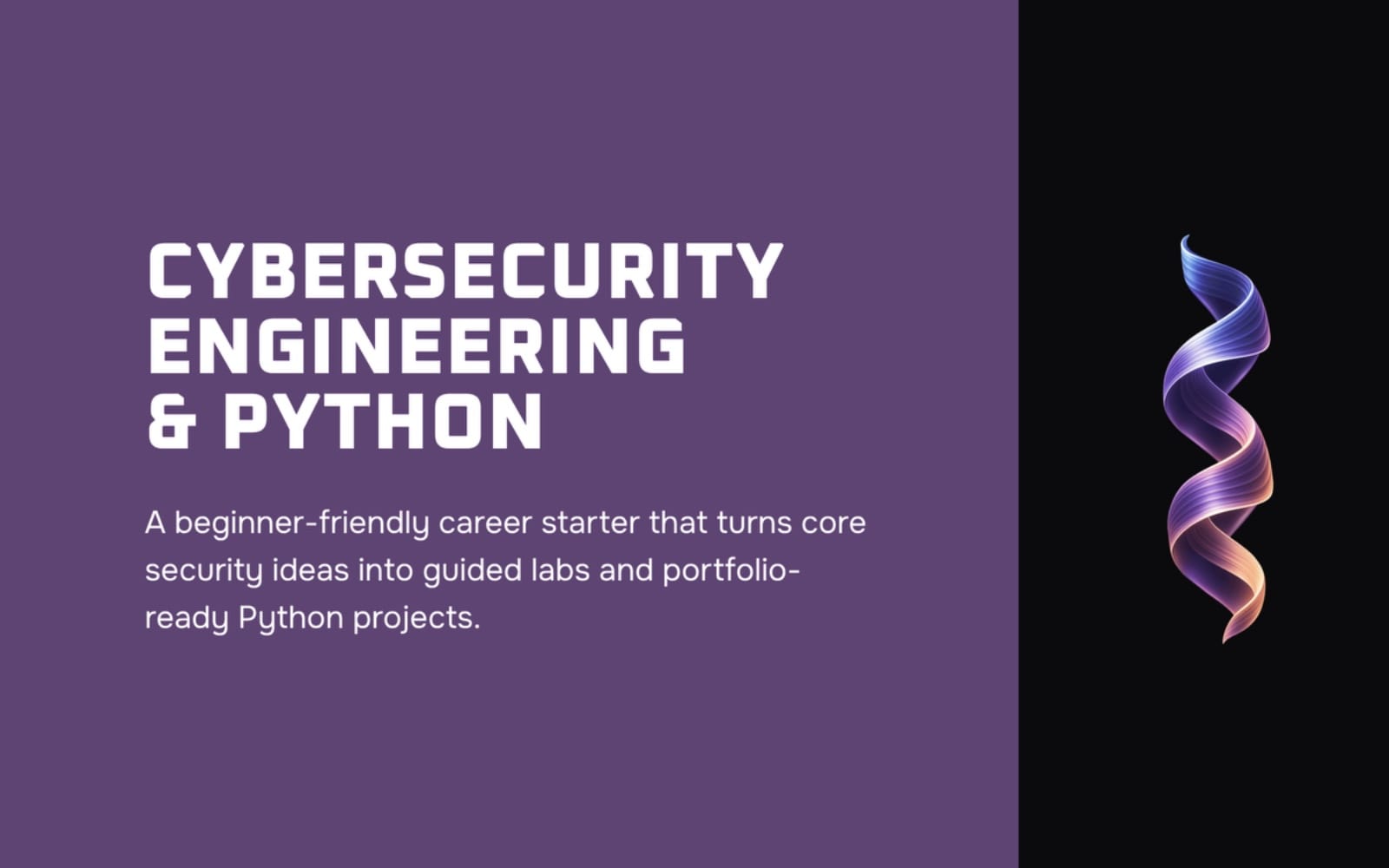Cybersecurity course banner with bold text and a purple glowing ribbon on a dark background