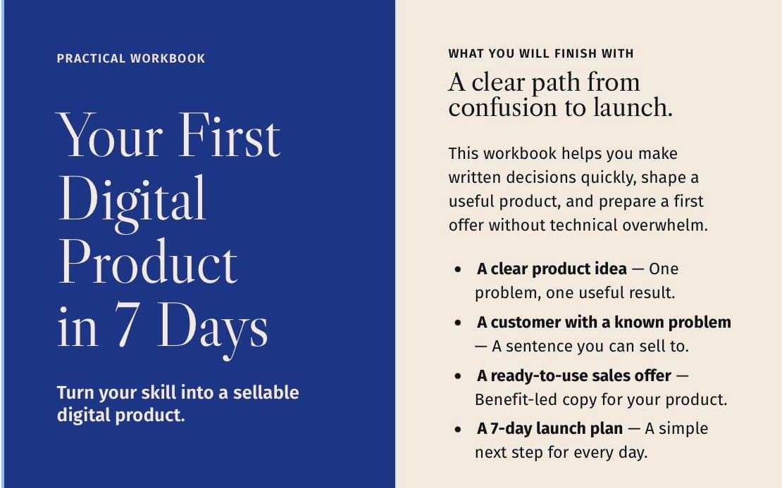 Digital product workbook cover titled Your First Digital Product in 7 Days with practical layout and bullet points