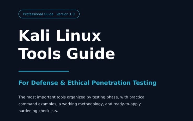 Kali Linux Tools Guide cover for defense and ethical penetration testing with title text and subtitle on dark background
