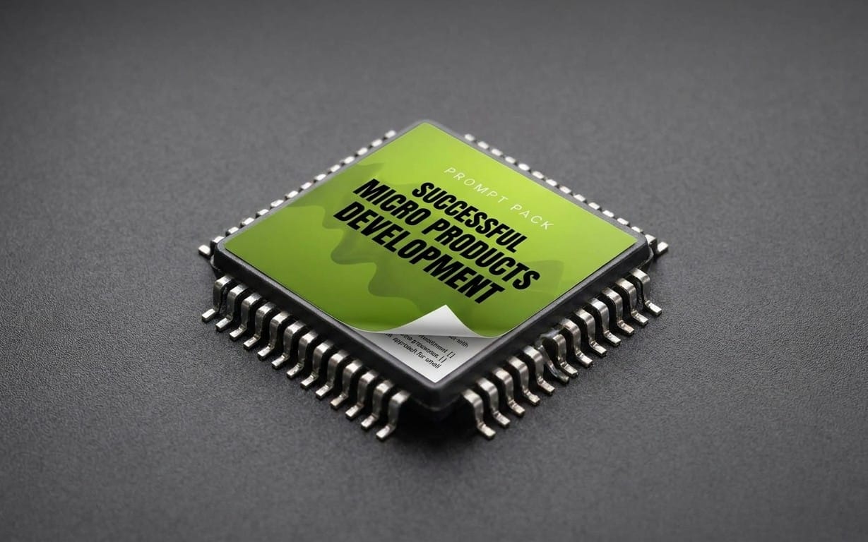 Green and white microchip with text Successful Micro Product Development prompt pack on a dark background