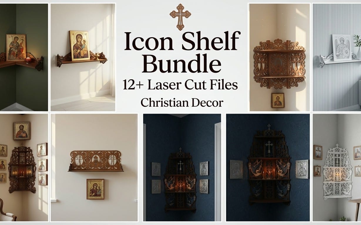 Christian icon shelf laser-cut template bundle collage with Orthodox iconostasis SVG and DXF design previews