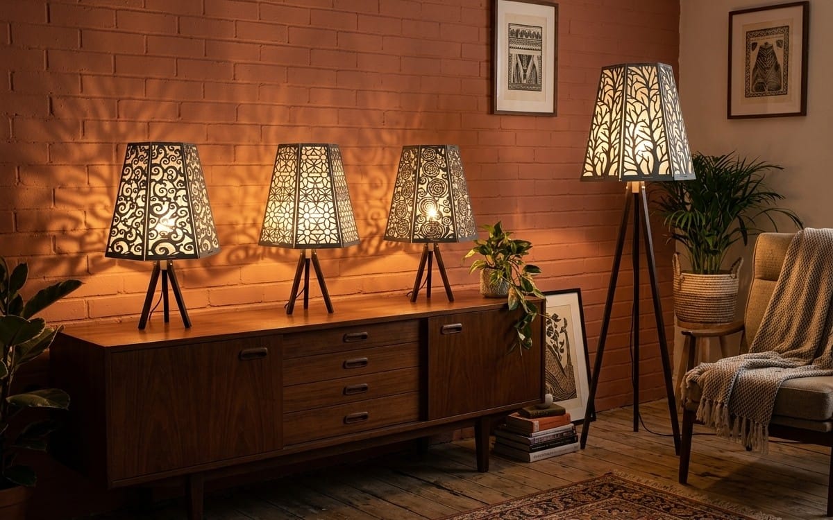 Three laser-cut wooden lampshade templates on a living room table scene, decorative lamp shade SVG DXF bundle