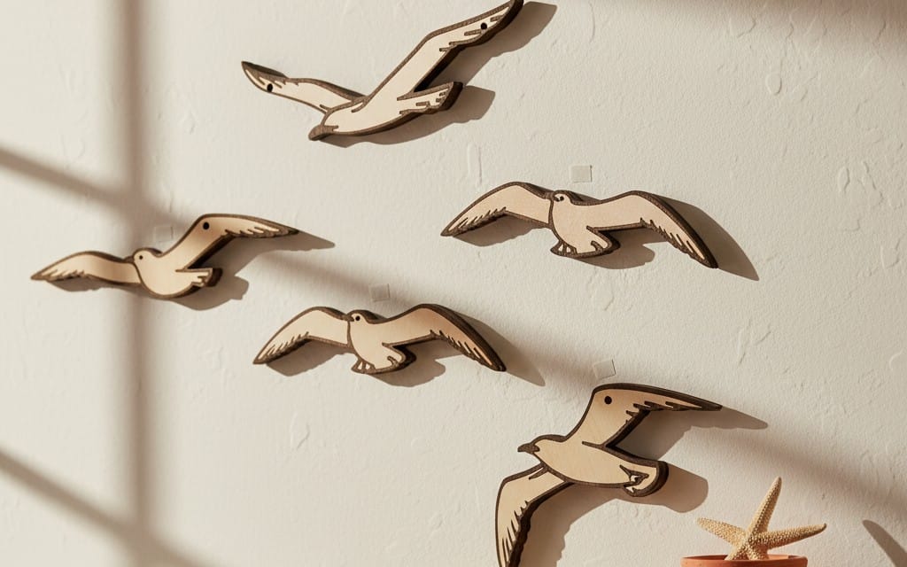 Black Sea seagull laser-cut SVG DXF files showing layered wooden bird wall decor designs on a white wall