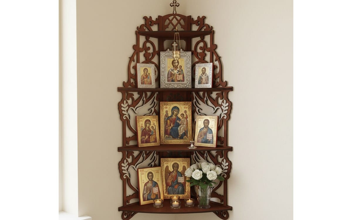 Religious corner icon shelf with laser-cut dove SVG DXF file design, featuring ornate wooden frame and hanging cross
