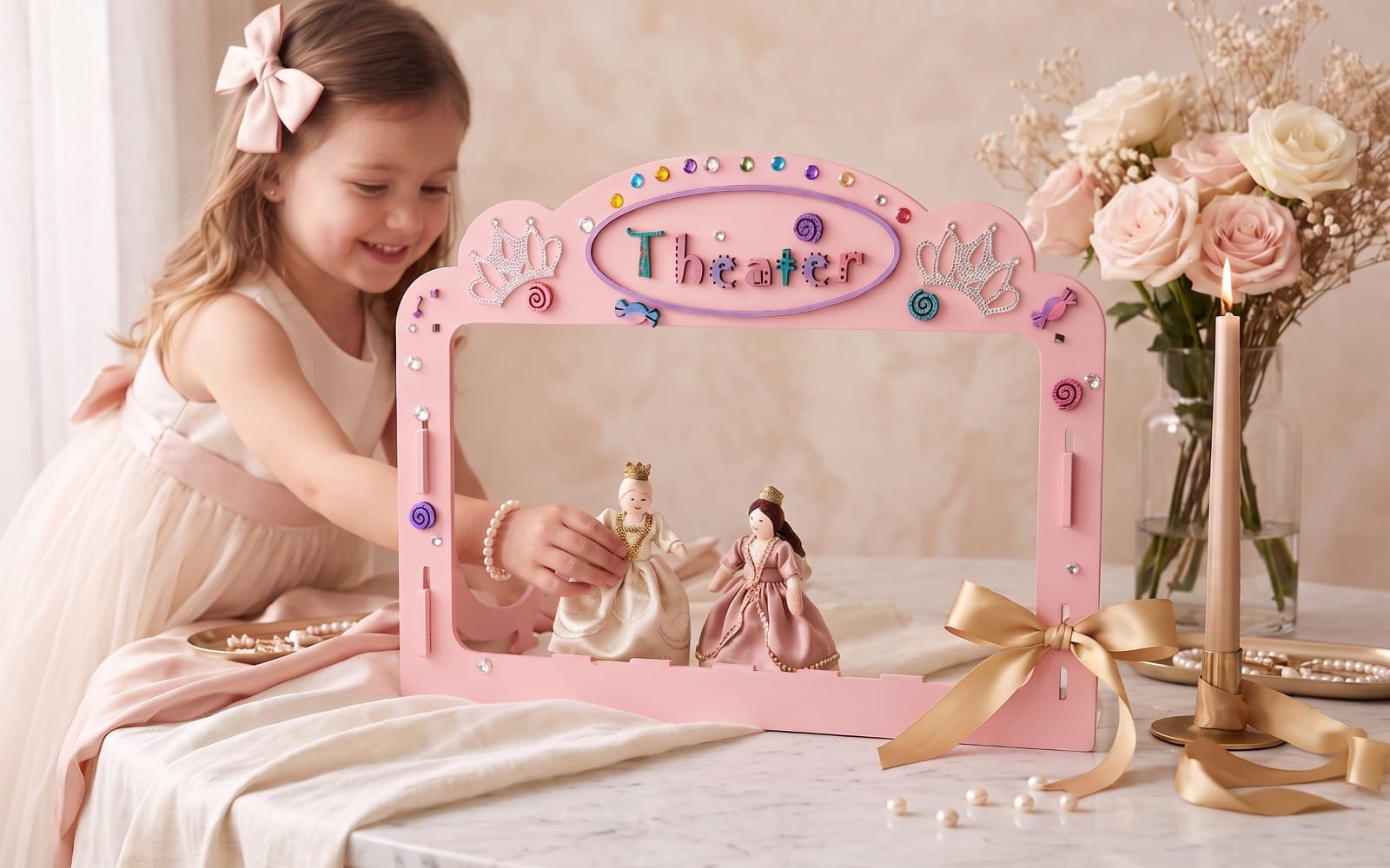 Kids puppet theater laser-cut wooden stage template SVG DXF with pink frame and mini dolls inside for DIY crafting