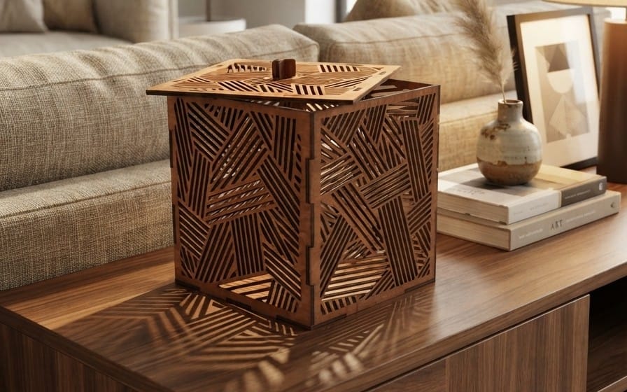 Diagonal laser-cut geometric jewelry box template with detailed patterned panels on a living room table