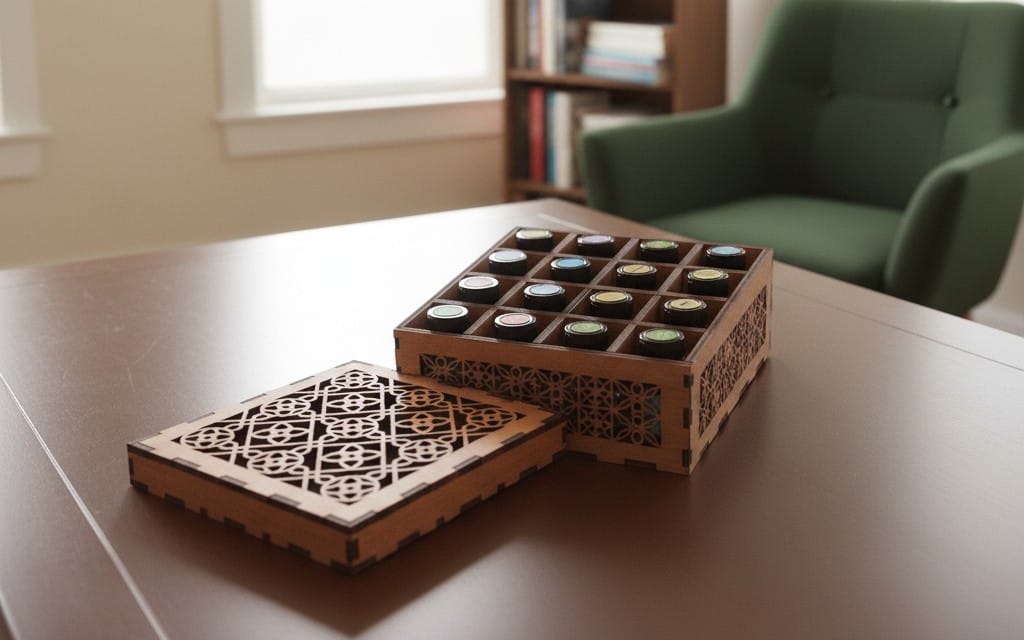 Laser-cut essential oil organizer CNC template SVG DXF with decorative box and oil bottle holder compartments on table
