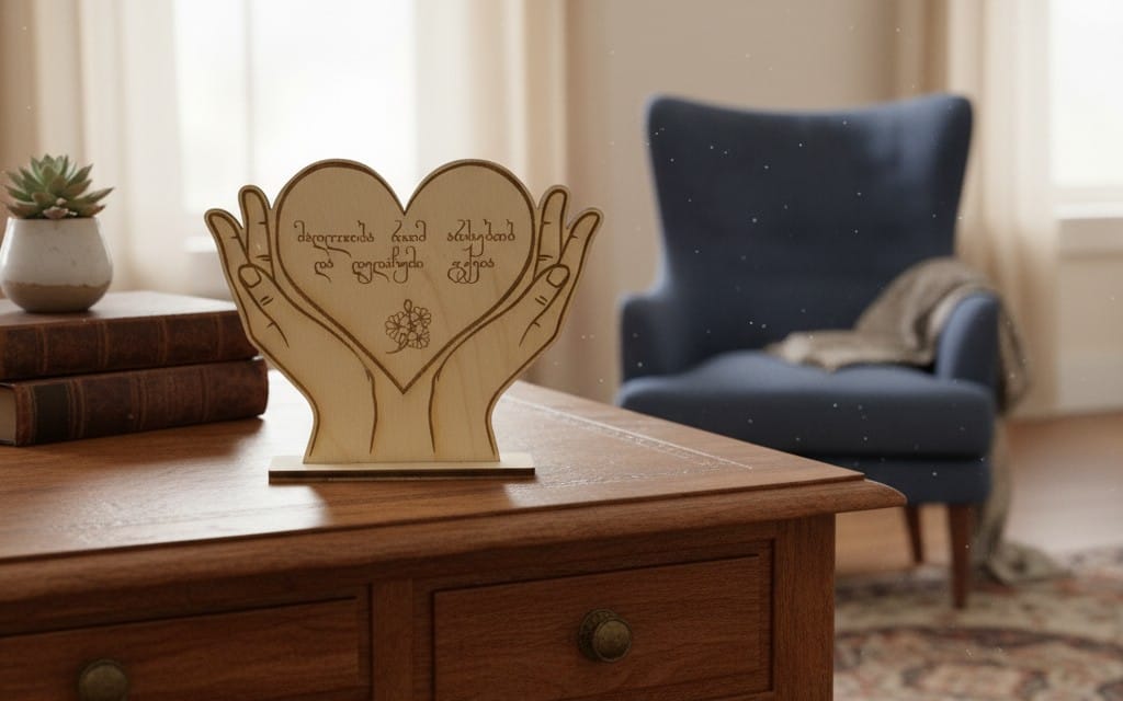 Laser-cut heart in hands SVG/DXF template wooden decor design on a tabletop with books and couch background