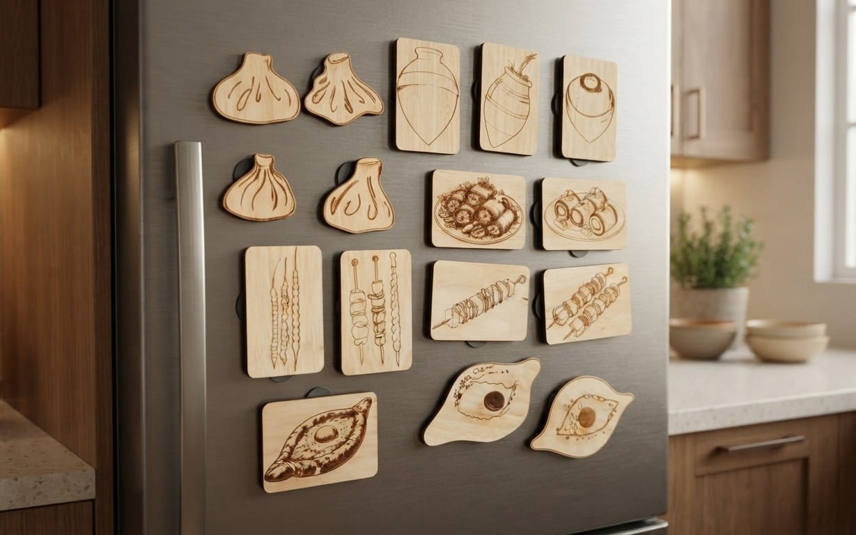 Laser-engraved Georgian cuisine food SVG/DXF design set shown as wooden kitchen decor plaques on a wall