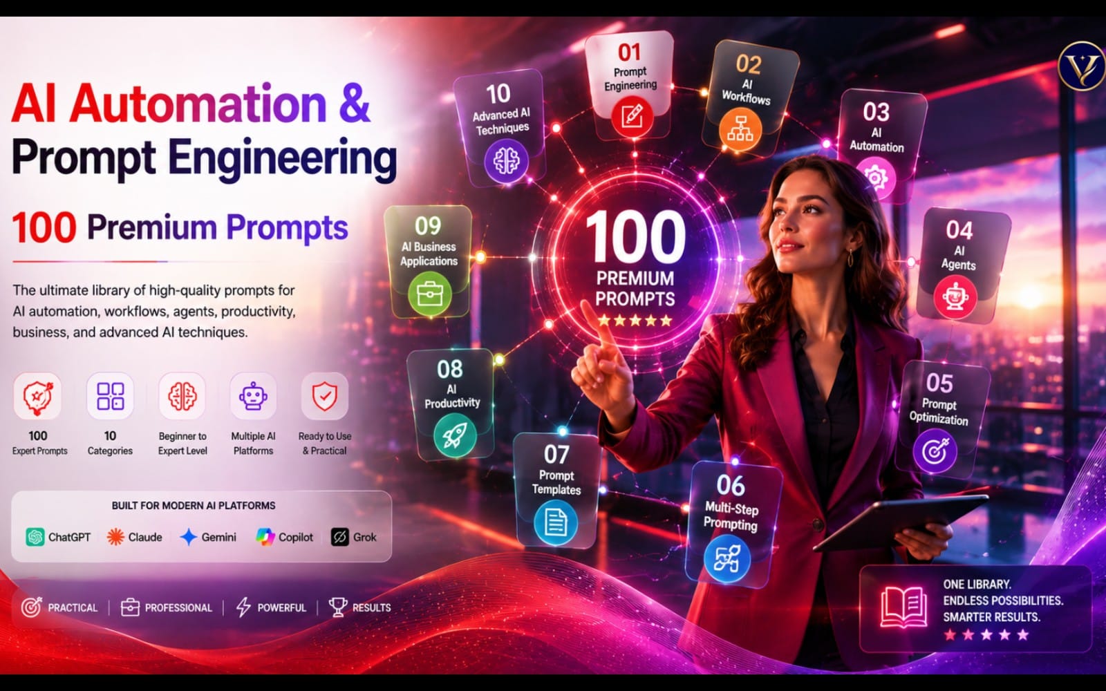 Promotional banner for AI automation and prompt engineering, featuring 100 premium prompts and an AI-themed woman