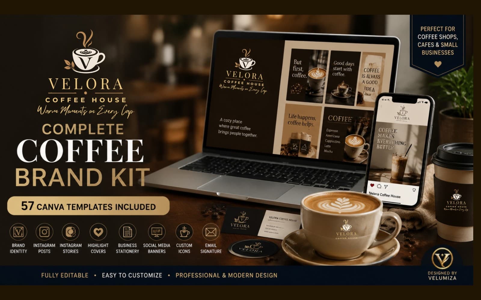 Velora Coffee House – Complete Brand Identity & Social Media Kit | 57 Editable Canva Templates