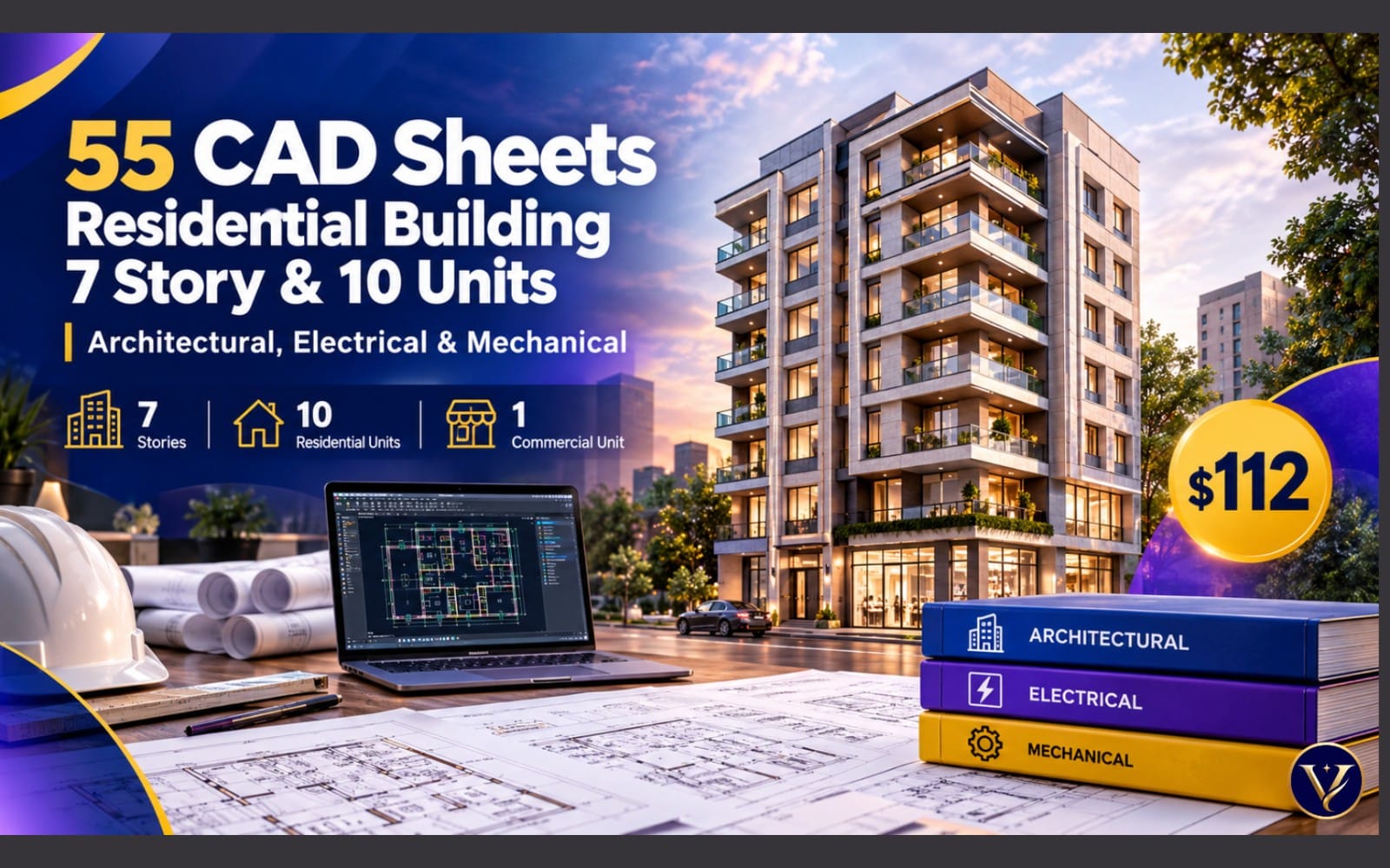 Promotional graphic showing architectural CAD plan sheets for a 7-story 10-unit residential building with electrical