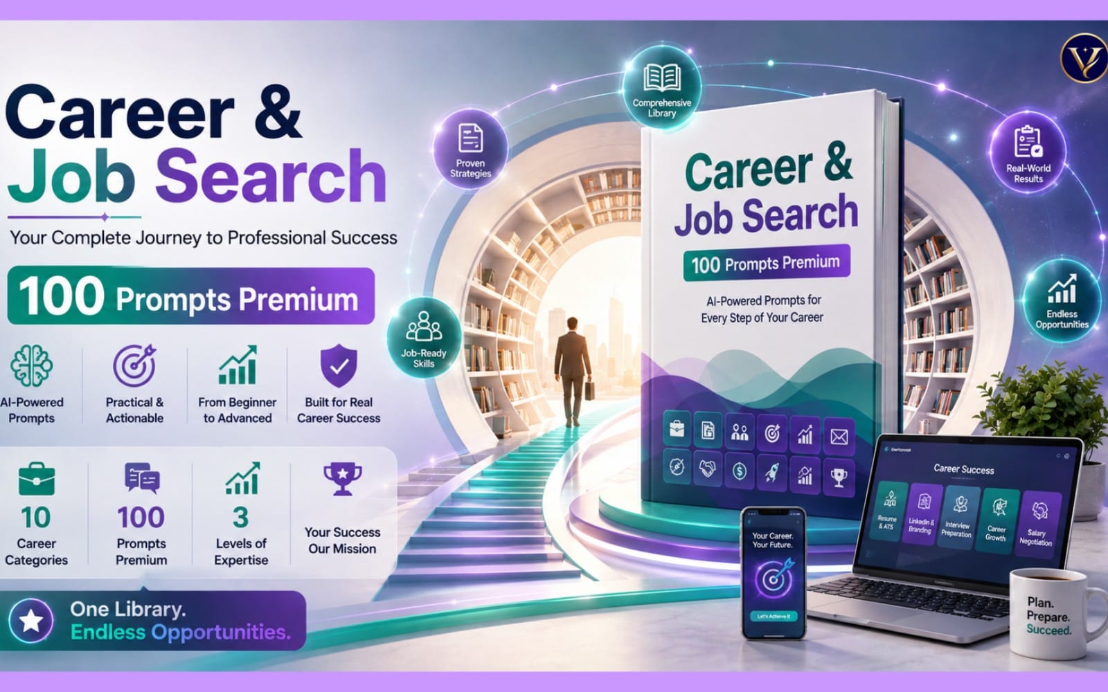 Career & Job Search digital product banner featuring a book titled 100 Prompts Premium and job search app icons