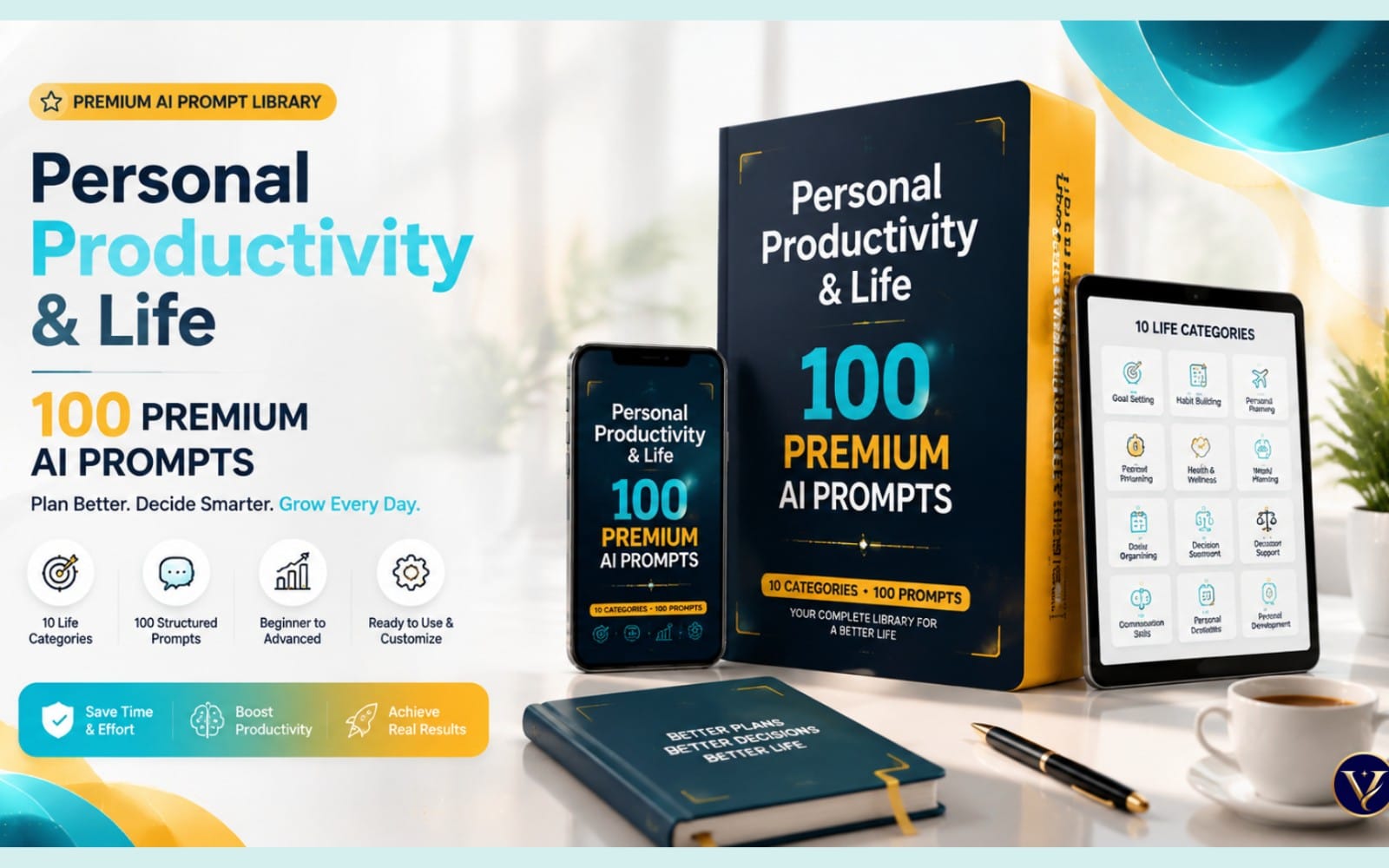 Promotional digital download cover for personal productivity AI prompt library with book, phone mockup, and tablet UI