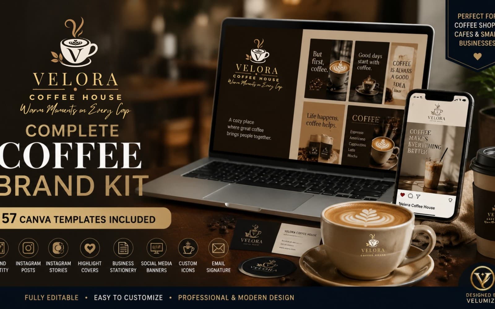 Velora Coffee House – Complete Brand Identity & Social Media Kit | 57 Editable Canva Templates