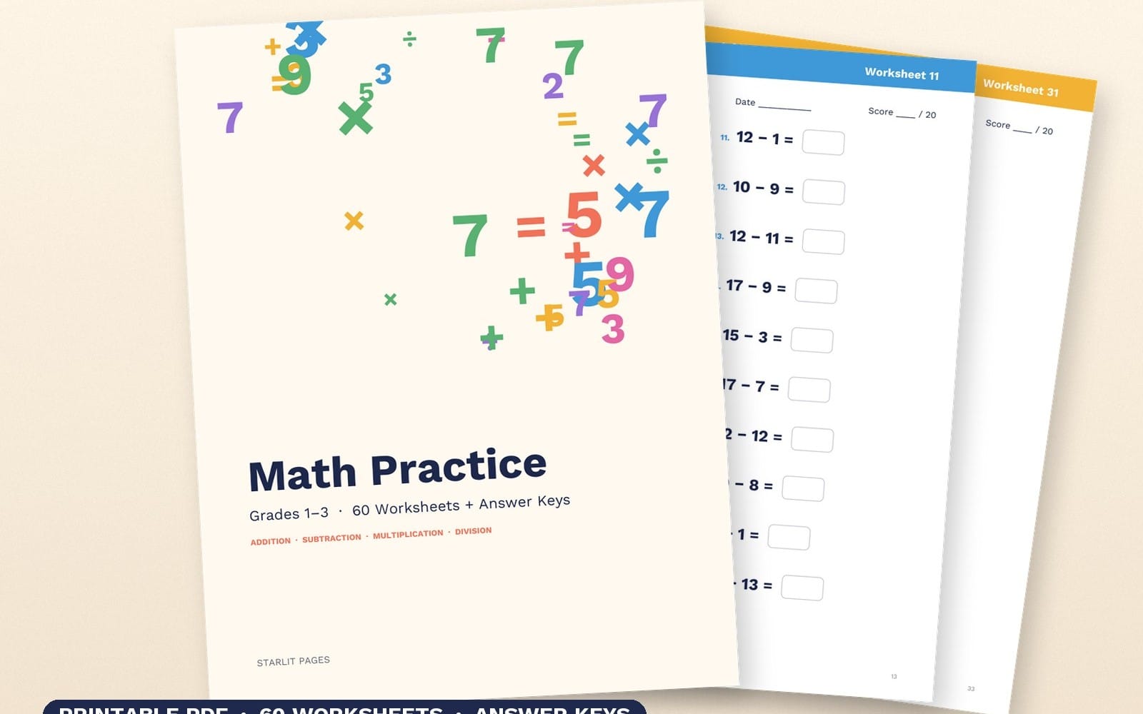 Printable math practice worksheets for grades 1–3 with addition, subtraction, multiplication, division problems and