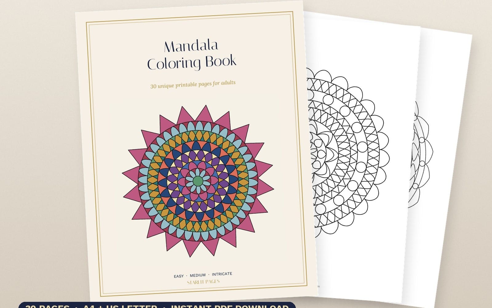 Printable mandala coloring book cover with adult design and preview pages in a PDF download product layout
