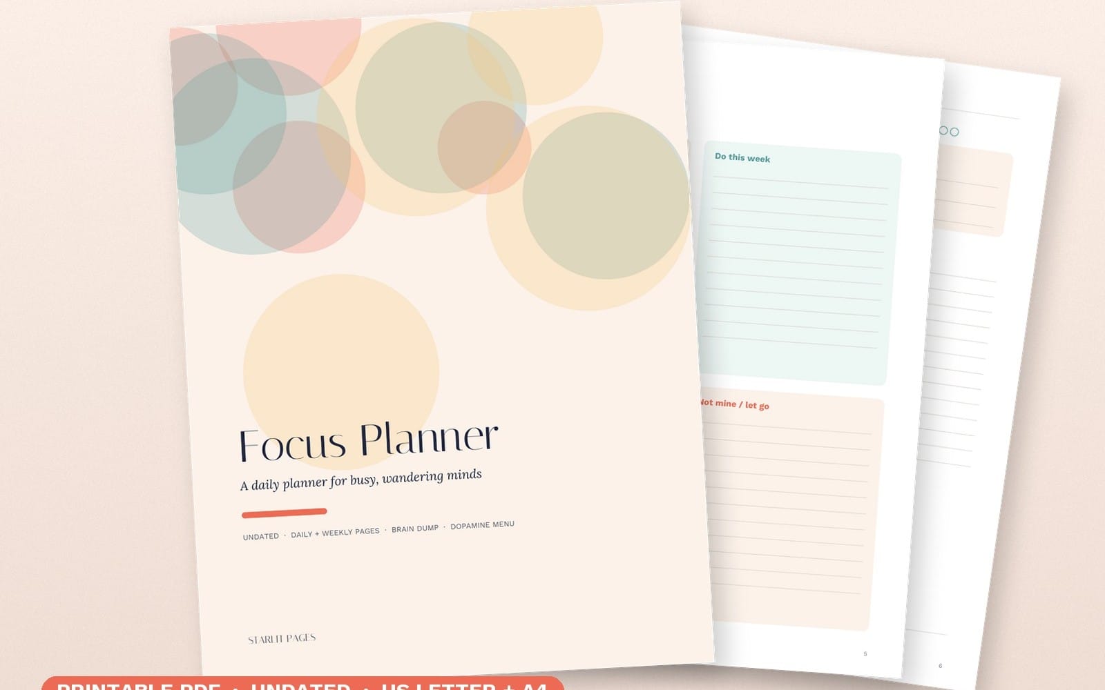 Undated ADHD daily planner printable PDF pages with focus planner cover, brain dump, and dopamine menu sections